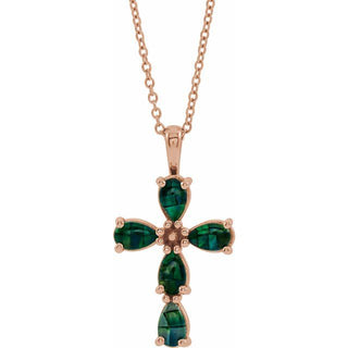 14K Rose Lab-Grown Mosaic Opal Cabochon Cross 16-18" Necklace