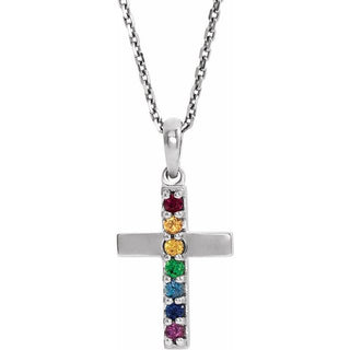 Platinum Natural Multi-Gemstone Cross 16-18" Necklace