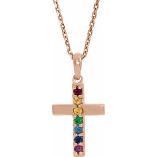 14K Rose Natural Multi-Gemstone Cross 16-18" Necklace