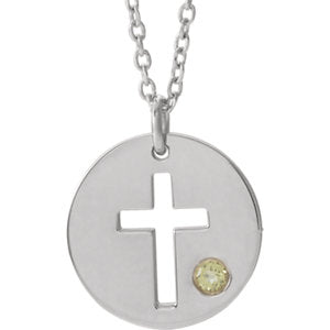 14K White Peridot Pierced Cross Disc 16-18" Necklace