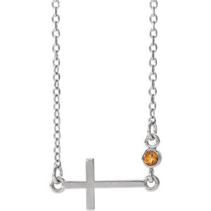 Sterling Silver Citrine Sideways Accented Cross 16-18" Necklace