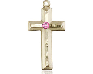 14kt Gold Filled Cross Pendant with a 3mm Rose Swarovski stone on an 18-inch Gold Filled Light Curb Chain Engraved Catholic Saint Jewelry