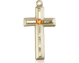 14kt Gold Filled Cross Pendant with a 3mm Topaz Swarovski stone on an 18-inch Gold Filled Light Curb Chain Engraved Catholic Saint Jewelry