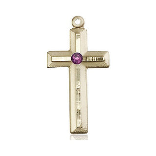 14kt Gold Filled Cross Pendant with a 3mm Amethyst Swarovski stone on an 18-inch Gold Filled Light Curb Chain Engraved Catholic Saint Jewelry
