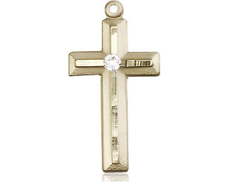 14kt Gold Filled Cross Pendant with a 3mm Crystal Swarovski stone on an 18-inch Gold Filled Light Curb Chain Engraved Catholic Saint Jewelry