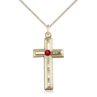 14kt Gold Filled Cross | 3mm Ruby Swarovski stone | 18-inch Gold Filled Chain | Engravable