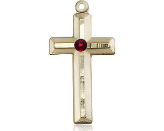 14kt Gold Cross Medal with a 3mm Garnet Swarovski stone Engraved Catholic Saint Jewelry