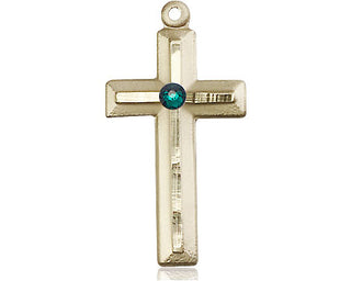 14kt Gold Cross Medal with a 3mm Emerald Swarovski stone Engraved Catholic Saint Jewelry