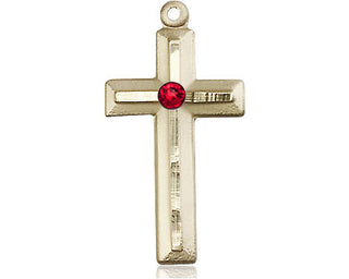 14kt Gold Cross Medal with a 3mm Ruby Swarovski stone Engraved Catholic Saint Jewelry