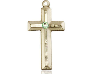 14kt Gold Cross Medal with a 3mm Peridot Swarovski stone Engraved Catholic Saint Jewelry