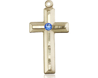 14kt Gold Cross Medal with a 3mm Sapphire Swarovski stone Engraved Catholic Saint Jewelry