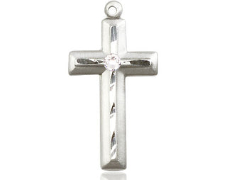 Sterling Silver Cross Pendant with a 3mm Crystal Swarovski stone on an 18-inch Sterling Silver Light Curb Chain Engraved Catholic Saint Jewelry
