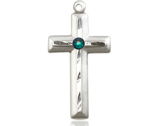 Sterling Silver Cross Pendant with a 3mm Emerald Swarovski stone on an 18-inch Sterling Silver Light Curb Chain Engraved Catholic Saint Jewelry