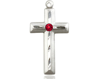 Sterling Silver Cross Pendant with a 3mm Ruby Swarovski stone on an 18-inch Sterling Silver Light Curb Chain Engraved Catholic Saint Jewelry