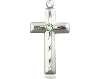 Sterling Silver Cross Pendant with a 3mm Peridot Swarovski stone on an 18-inch Sterling Silver Light Curb Chain Engraved Catholic Saint Jewelry