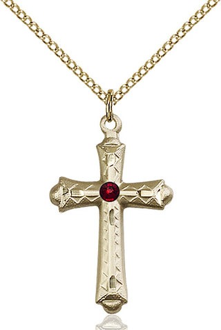 14kt Gold Filled Cross Pendant with a 3mm Garnet Swarovski stone on an 18-inch Gold Filled Light Curb Chain Engraved Catholic Saint Jewelry