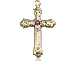 14kt Gold Filled Cross Pendant with a 3mm Amethyst Swarovski stone on an 18-inch Gold Filled Light Curb Chain Engraved Catholic Saint Jewelry