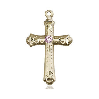 14kt Gold Filled Cross Pendant with a 3mm Light Amethyst Swarovski stone on an 18-inch Gold Filled Light Curb Chain Engraved Catholic Saint Jewelry