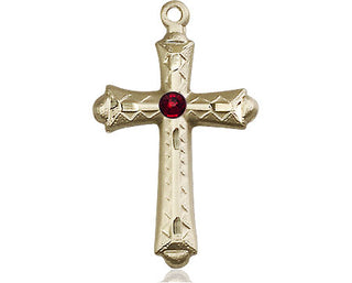 14kt Gold Cross Medal with a 3mm Garnet Swarovski stone Engraved Catholic Saint Jewelry