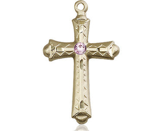 14kt Gold Cross Medal with a 3mm Light Amethyst Swarovski stone Engraved Catholic Saint Jewelry
