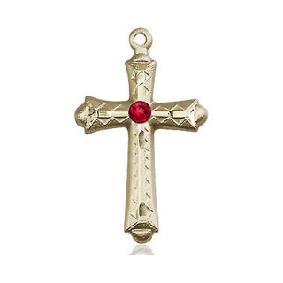 14kt Gold Cross Medal with a 3mm Ruby Swarovski stone Engraved Catholic Saint Jewelry