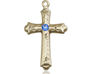 14kt Gold Cross Medal with a 3mm Sapphire Swarovski stone Engraved Catholic Saint Jewelry