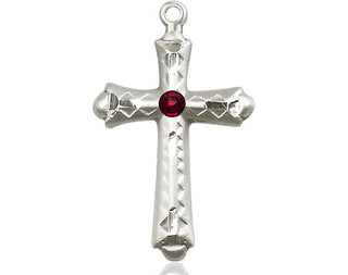 Sterling Silver Cross Pendant with a 3mm Garnet Swarovski stone on an 18-inch Sterling Silver Light Curb Chain Engraved Catholic Saint Jewelry