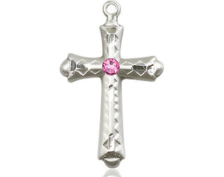 Sterling Silver Cross Pendant with a 3mm Rose Swarovski stone on an 18-inch Sterling Silver Light Curb Chain Engraved Catholic Saint Jewelry