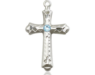 Sterling Silver Cross Pendant with a 3mm Aqua Swarovski stone on an 18-inch Sterling Silver Light Curb Chain Engraved Catholic Saint Jewelry