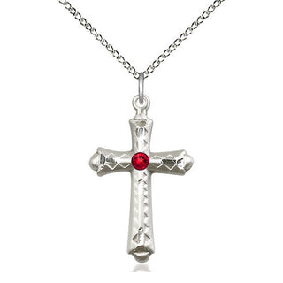 Sterling Silver Cross | 3mm Ruby Swarovski stone | 18-inch Sterling Silver Chain | Engravable