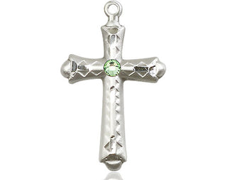 Sterling Silver Cross Pendant with a 3mm Peridot Swarovski stone on an 18-inch Sterling Silver Light Curb Chain Engraved Catholic Saint Jewelry