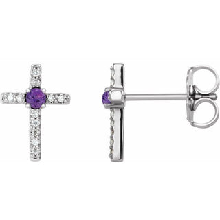 14K White Natural Amethyst & .05 CTW Natural Diamond Cross Earrings