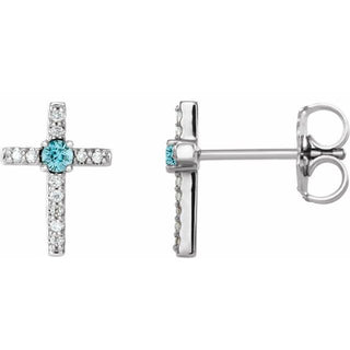 14K White Natural Blue Zircon & .05 CTW Natural Diamond Cross Earrings