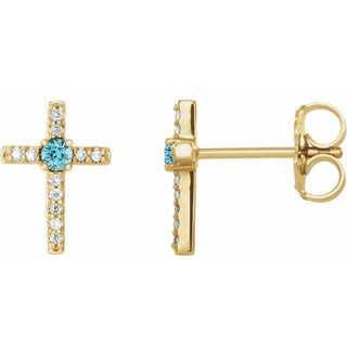 14K Yellow Natural Blue Zircon & .05 CTW Natural Diamond Cross Earrings