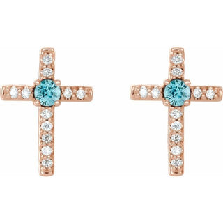 14K Rose Natural Blue Zircon & .05 CTW Natural Diamond Cross Earrings