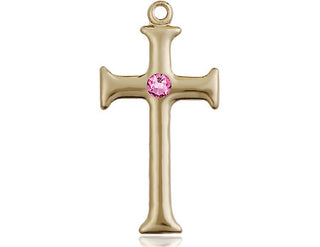 14kt Gold Filled Cross Pendant with a 3mm Rose Swarovski stone on an 18-inch Gold Filled Light Curb Chain Engraved Catholic Saint Jewelry