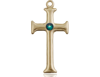 14kt Gold Filled Cross Pendant with a 3mm Emerald Swarovski stone on an 18-inch Gold Filled Light Curb Chain Engraved Catholic Saint Jewelry