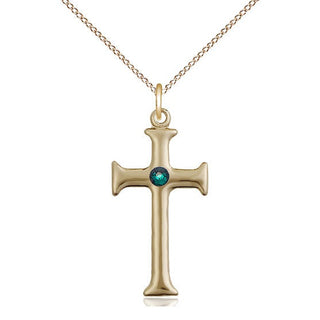 14kt Gold Filled Cross | 3mm Emerald Swarovski stone | 18-inch Gold Filled Chain | Engravable