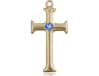 14kt Gold Filled Cross Pendant with a 3mm Sapphire Swarovski stone on an 18-inch Gold Filled Light Curb Chain Engraved Catholic Saint Jewelry