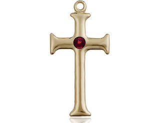 14kt Gold Cross Medal with a 3mm Garnet Swarovski stone Engraved Catholic Saint Jewelry