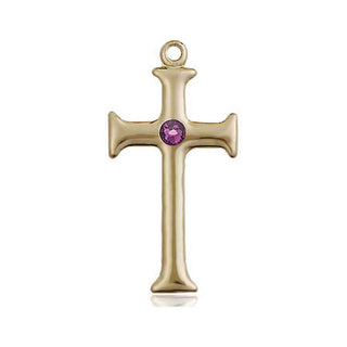 14kt Gold Cross Medal with a 3mm Amethyst Swarovski stone Engraved Catholic Saint Jewelry