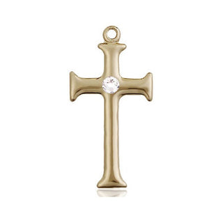 14kt Gold Cross Medal with a 3mm Crystal Swarovski stone Engraved Catholic Saint Jewelry