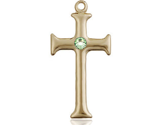 14kt Gold Cross Medal with a 3mm Peridot Swarovski stone Engraved Catholic Saint Jewelry
