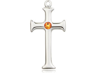 Sterling Silver Cross Pendant with a 3mm Topaz Swarovski stone on an 18-inch Sterling Silver Light Curb Chain Engraved Catholic Saint Jewelry