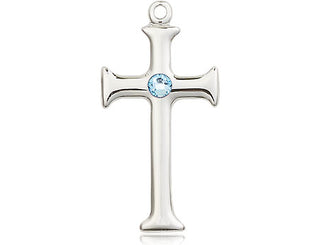 Sterling Silver Cross Pendant with a 3mm Aqua Swarovski stone on an 18-inch Sterling Silver Light Curb Chain Engraved Catholic Saint Jewelry