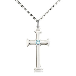 Sterling Silver Cross | 3mm Aqua Swarovski stone | 18-inch Sterling Silver Chain | Engravable