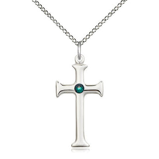 Sterling Silver Cross | 3mm Emerald Swarovski stone | 18-inch Sterling Silver Chain | Engravable