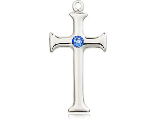 Sterling Silver Cross Pendant with a 3mm Sapphire Swarovski stone on an 18-inch Sterling Silver Light Curb Chain Engraved Catholic Saint Jewelry