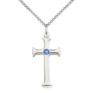 Sterling Silver Cross | 3mm Sapphire Swarovski stone | 18-inch Sterling Silver Chain | Engravable