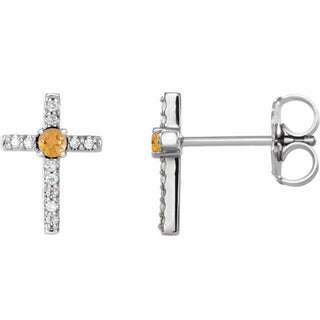 14K White Natural Citrine & .05 CTW Natural Diamond Cross Earrings